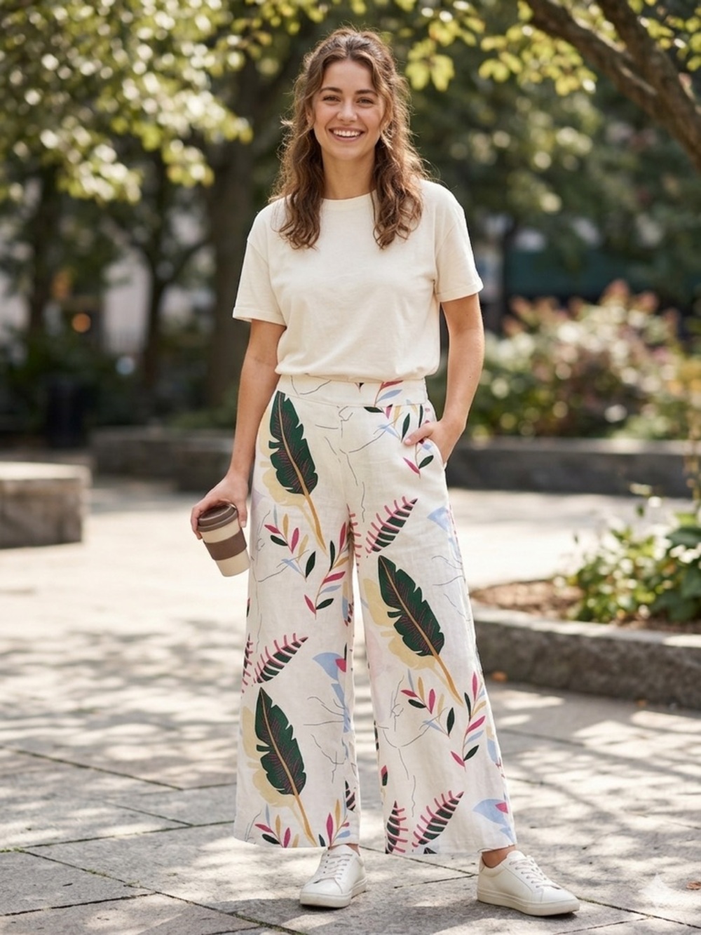Cynthia Rowley Cream Wide-Leg Tropical Print Pants
